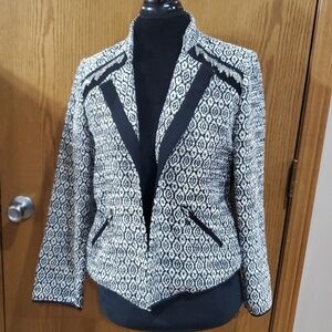 Chicos black white tweed style open front blazer chain fringe details